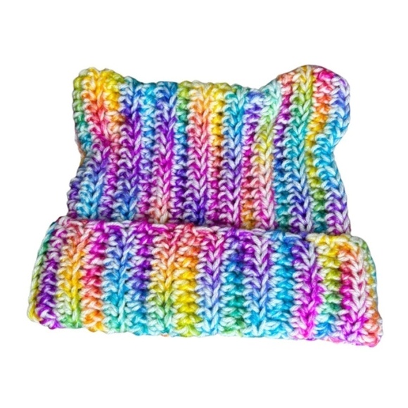 Handcrafted Crochet Winter Hat Rainbow Ice Yarn White Big Twist Cat Ear Ribbed - Picture 11 of 14
